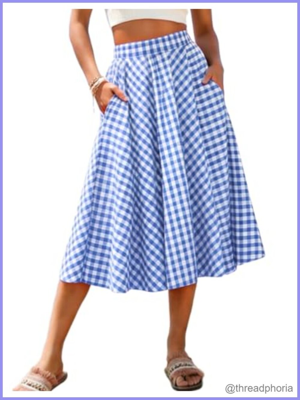 Women's Gingham Plaid Midi Skirt High Waist Pleated Flowy A-Line with Pockets